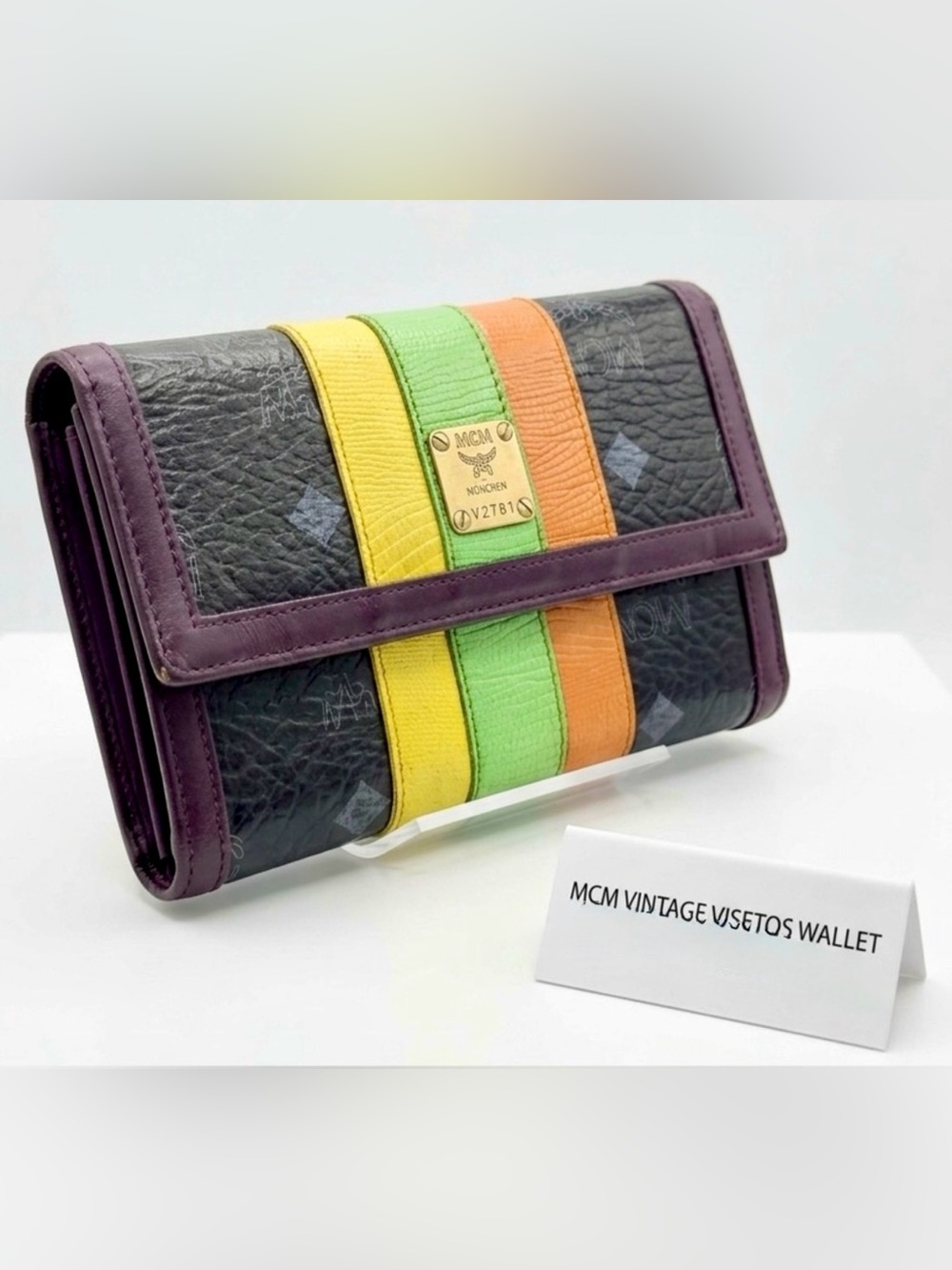 Rare Vintage MCM München Tri-Color Stripe Continental Wallet Purple Interior